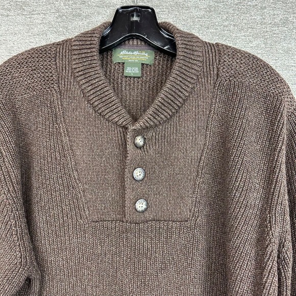 Eddie Bauer Y2K Henley Sweater Brown Chunky Fisherman Knit Ribbed Mens Large - Picture 3 of 16